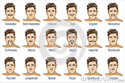 Mustache types. Vector isolated set. With definitions Vector Illustration