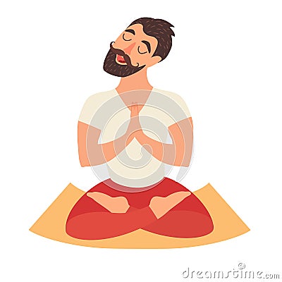 Mustached bearded man in the lotus position on the mat for yoga Vector Illustration