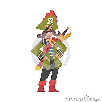 Mustached Man Pirate or Buccaneer Character with Sabre and Hat with Crossed Bones as Marine Robber Vector Illustration Vector Illustration