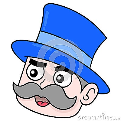 Mustachioed oldman head wearing a magician hat, doodle icon drawing Vector Illustration