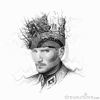 Mustafa Kemal Ataturk collage illustration, President of Turkey,Leader,Drawing Cartoon Illustration