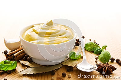 Mustard in bowl Stock Photo