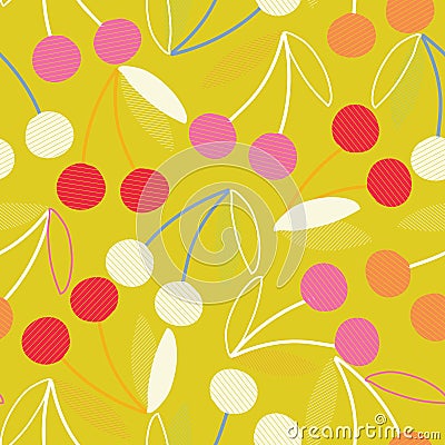 Mustard colour with cherries seamless pattern background design. Vector Illustration