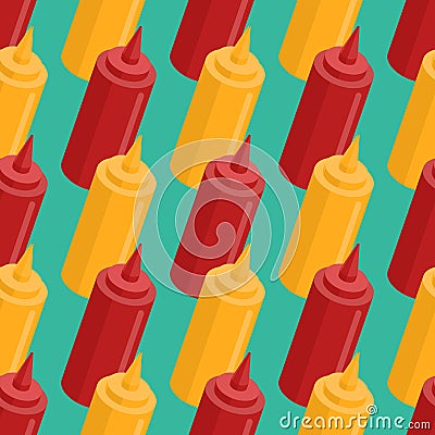 Mustard and ketchup bottle seamless pattern. Fast food seasoning Vector Illustration