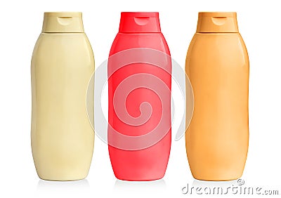 Mustard, ketchup and mayonnaise in plastic bottles Stock Photo