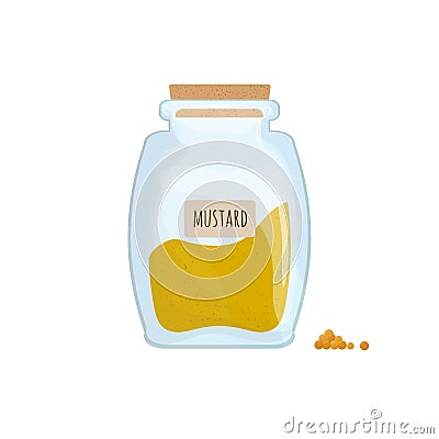 Mustard powder stored in clear jar isolated on white background. Pungent condiment, food spice, cooking ingredient in Vector Illustration