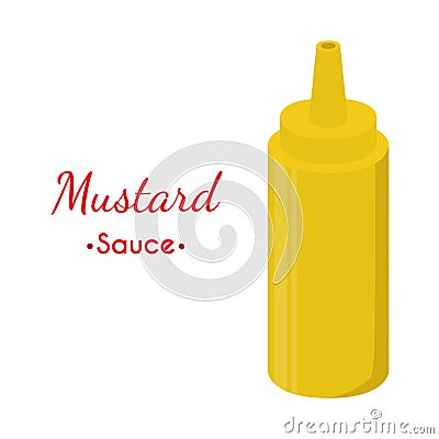 Mustard sauce bottle, yellow spicy condiment. Cartoon flat style. Vector Vector Illustration