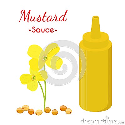 Mustard sauce bottle, yellow spicy condiment. Cartoon flat style. Vector Vector Illustration