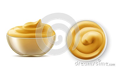 Mustard sauce in bowl top view and side view set Vector Illustration