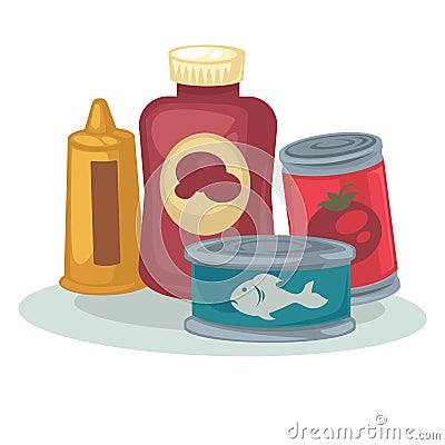 Mustard, sauce, tomato, tuna canned. Vector Illustration