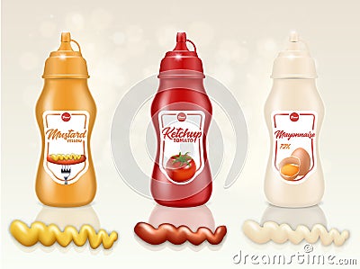 Mustard, Tomato Ketchup, Mayonnaise Bottles Set Vector Illustration