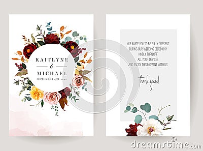 Mustard yellow and dusty pink rose, burgundy red dahlia, emerald green and teal blue eucalyptus Vector Illustration