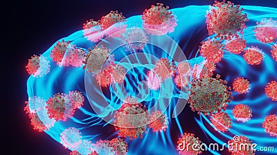 Mutated Omicron SARS-CoV-2 viruses. Electron microscope transparent enlargement size computer model, 3D rendering. Stock Photo