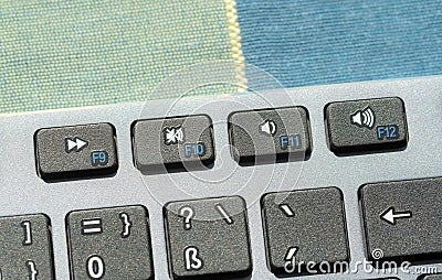 Mute button, sound off key on a modern computer keyboard, top view, mute button extreme closeup detail. Muting audio Stock Photo