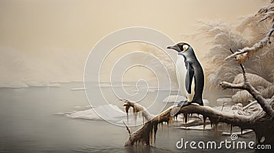 Muted Colors: A Realistic Photograph Of A Penguin Perched On A Tree Branch Cartoon Illustration