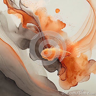 Muted orange ink fluid composition on pastel creamy gray background, trendy luxury creative design backdrop Stock Photo