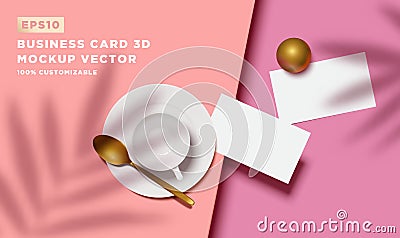 Muted pastel top view business card mockup template vector with 3d realistic cup, spoon and gold spoon Vector Illustration