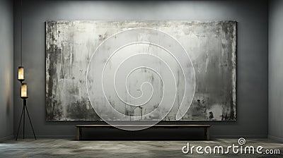 Muted Tonality Black Painting With Bench In Front Of Cement Wall Stock Photo