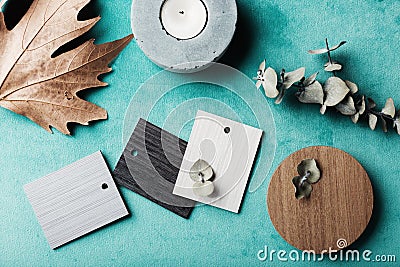 Muted wood and laminte swatches flat lay Stock Photo