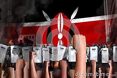 Mutiny fighting concept - protest in Kenya on flag background, police officers stand against the protesting crowd - military 3D Stock Photo