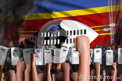 mutiny stopping concept - protest in Swaziland on flag background, police officers stand against the protesting crowd - military Stock Photo