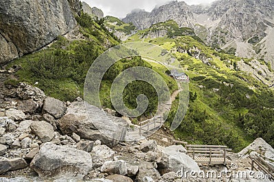 Muttekopfhütte during summer seen from the Drischlsteig trail in Imst, Tirol. Austrian Alps landscape. Lechtal Alps. Stock Photo