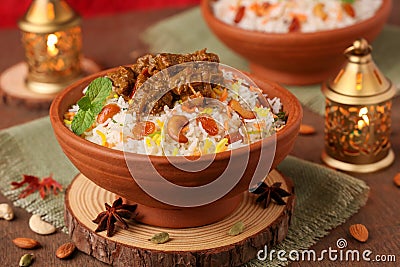 Mutton biryani Chicken biryani Spicy Indian Malabar biryani Hyderabadi biryani Stock Photo