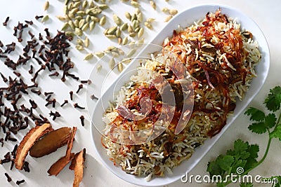 Mutton Biryani. A dish cooked with spices layered between mildly spiced ghee rice with a generous sprinkle of caramelized onions Stock Photo