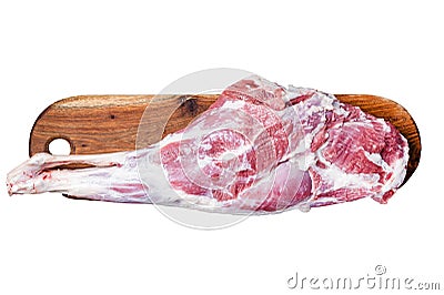 Mutton meat. Raw whole lamb leg thigh on butcher board. Isolated, white background. Stock Photo