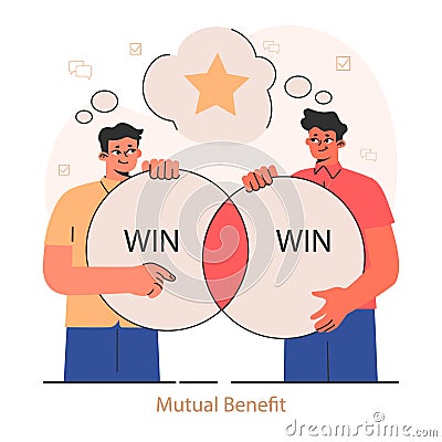 Mutual benefit. Two hands collaboratively form a puzzle arrow. Partnership Vector Illustration