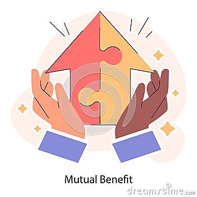 Mutual benefit. Two hands collaboratively form a puzzle arrow. Partnership Vector Illustration