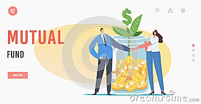 Mutual Business Fund Landing Page Template. Office Characters Businessman and Businesswoman Shaking Hands at Glass Jar Vector Illustration