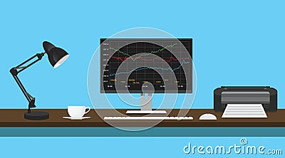 Mutual funds data graph in monitor desk with lamp printer Vector Illustration