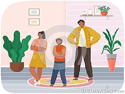 Mutual relations of parents and children, dad scream and scold children, negative teens emotions Vector Illustration