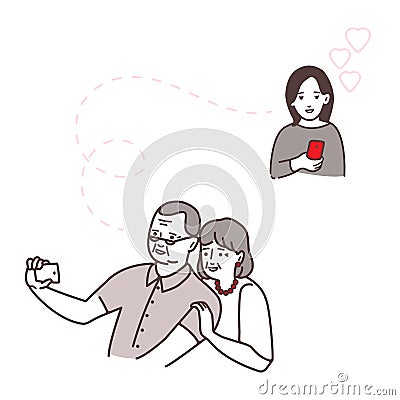 Mutual relations of parents and children . Happy senior people. Vector Illustration