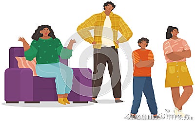 Mutual relations of parents and children, mom and dad scream and scold their naughty children Vector Illustration