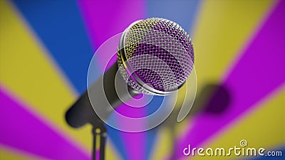 Muziekmicrofoon op de bar van de stadiumkaraoke retro tegen een kleurige achtergrond stock footage Muziekmicrofoon op de bar van de stadiumkaraoke retro tegen een kleurige achtergrond stock footage