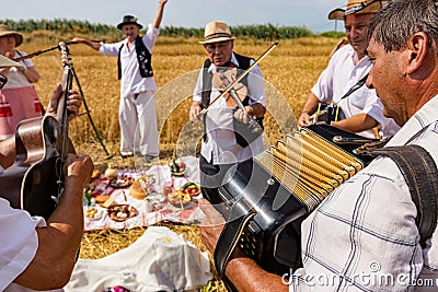 Accordionist stretches bellow of harmonic, music for good harvest Editorial Stock Photo