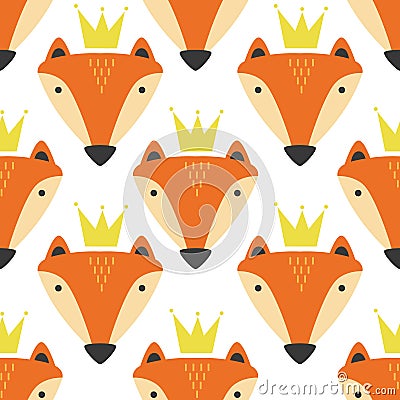 Muzzle of foxes and crowns, seamless pattern Vector Illustration