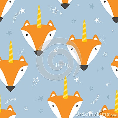 Muzzle of foxes are unicorns, stars, colorful seamless pattern Vector Illustration