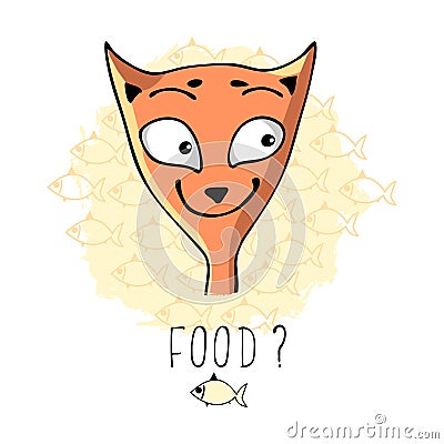Muzzle of a happy red cat with the inscription `food?`. Vector Illustration