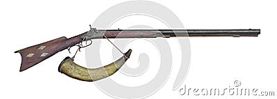 Muzzle loading rifle and powder horn isolated. Stock Photo