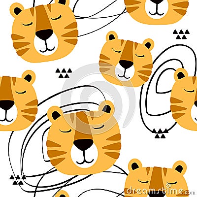 Muzzle of tigers, decorative cute background. Colorful seamless pattern with muzzles of animals Vector Illustration