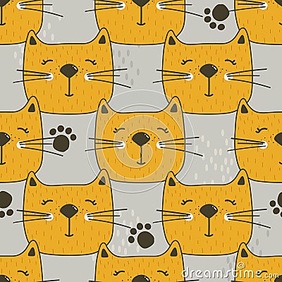 Muzzles of cats, decorative cute background. Colorful seamless pattern with animals Vector Illustration