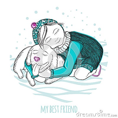 My best friend. Little girl hugging a good dog. Hand drawing. Winter picture. The falling snow. Vector Illustration