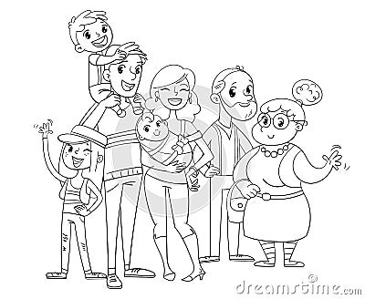 My big family posing together. Coloring book Vector Illustration