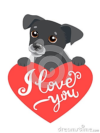 My Feelings. Design Element Valentines Day. Lovely Dog With Heart And Text I Love You. Vector Illustration