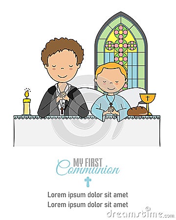 My first communion card. Boy and angel praying in church Vector Illustration