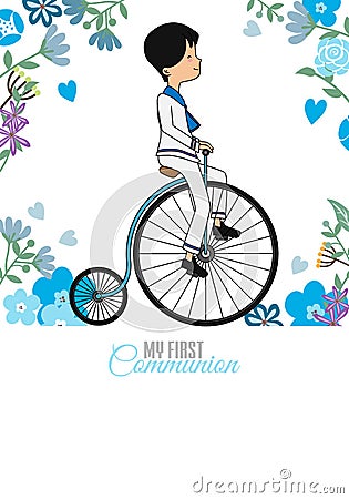 My first communion card. Boy riding vintage bicycle Vector Illustration