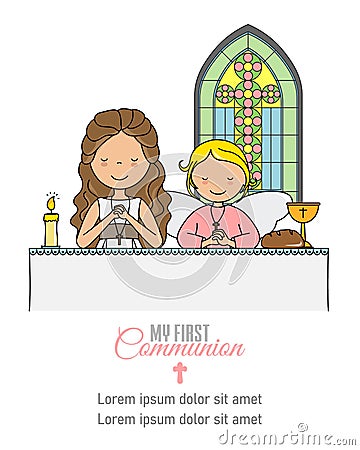 My first communion card. Girl and angel praying in church Vector Illustration